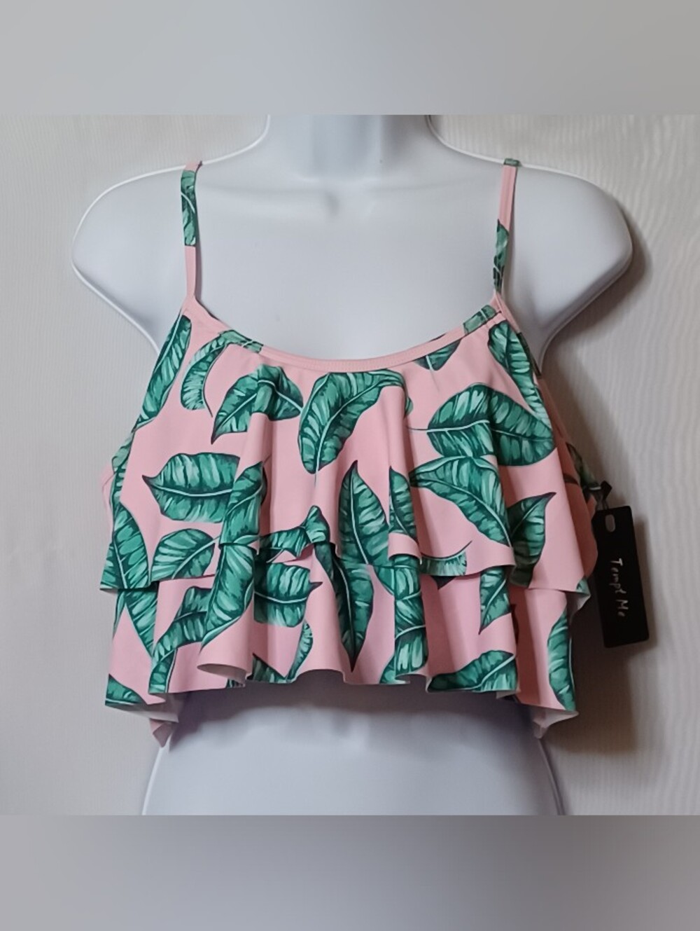 Tropical Leaf Ruffle Crop Top Swimwear In Pink. Size XL